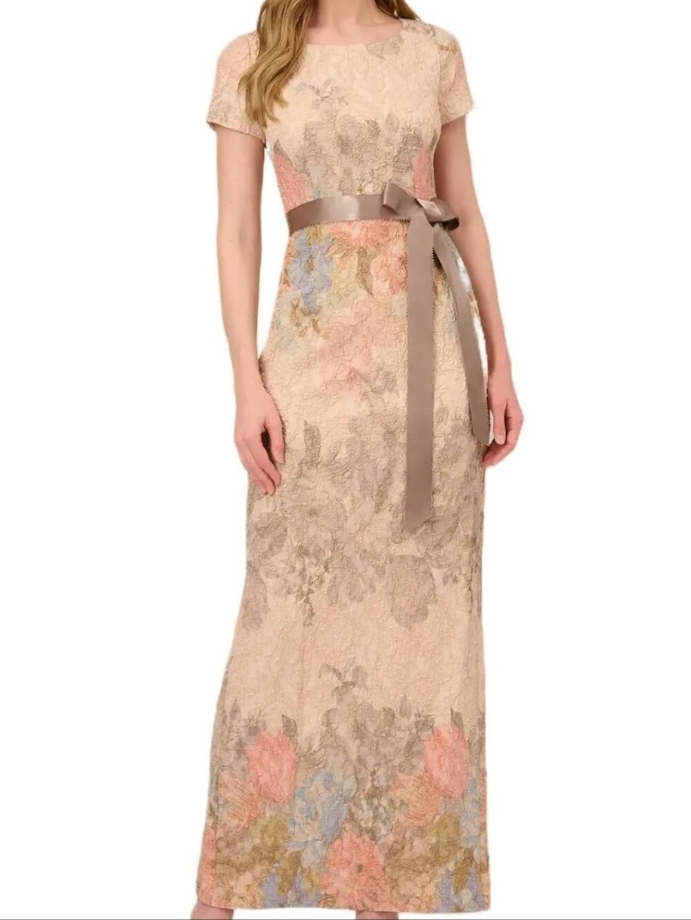 Adrianna Papell Blush Floral Jacquard Gown Matelasse Lace Column Dress.